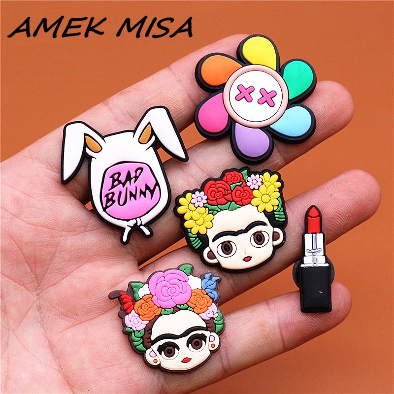 1pcs Bad Bunny Shoe Charms Colorful Windmill Flower Girl Lipstick Slipper Accessories Decoration Fit Croc Jibz Party Kids Gifts